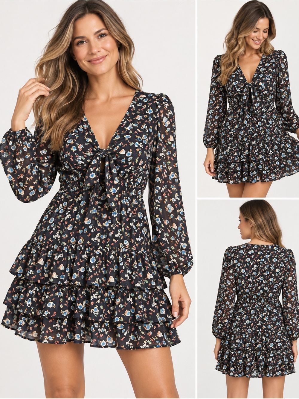 Revamped Size Medium Black Floral Tiered Ruffle Mini Dress Long Sleeve Tie Front